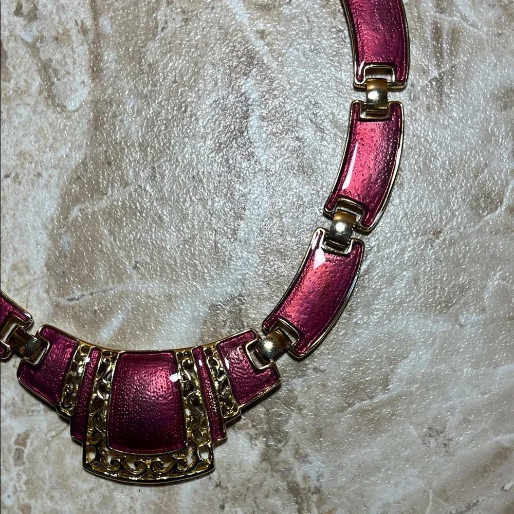 Vintage Art Deco Pink Enamel and Gold Colored Linked Necklace